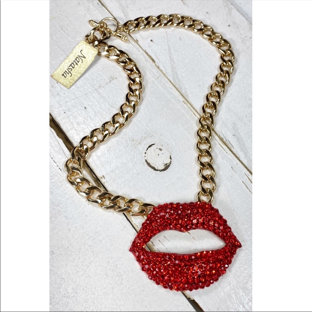 Natasha Couture Swarovski Crystal Red Lips/Chain necklace